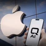 Imagem mostra o logotipo da Apple e um smartphone com o símbolo AI.