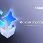 Imagem com logotipo do evento Galaxy Unpacked e previsão de data, promovendo a última tecnologia Samsung durante o evento.