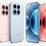 Quatro smartphones Xiaomi com câmeras traseiras múltiplas e ecrãs de alta qualidade, destacando-se pelo design moderno e cores variadas, refletindo inovação tecnológica.
