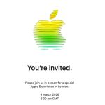 Convite para evento da Apple em março de 2026, destacando inovação e experiência exclusiva em Londres.