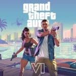 Imagem de dois personagens de GTA 6 com armas na mão, em cenário urbano à beira-mar, com palmeiras e edifícios ao fundo, anunciando o início do marketing para o lançamento do jogo.