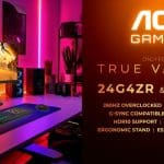 Imagem de dois monitores AOC Gaming 24G4ZR e 27G4ZR em setup de gaming com iluminação RGB vibrante.