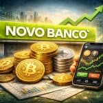 Imagem do Novo Banco entrando no universo dos criptoativos, com moedas de Bitcoin e um smartphone exibindo gráficos de investimento digital.