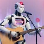 Robô com aparência futurista tocando guitarra e cantando, com sinais de alerta e a palavra "EMPTY" no peito, representando a tecnologia de IA na música e questões de direitos autorais.