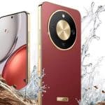 1. Telefone high-end com câmera de alta resolução, design elegante dourado e acabamento luxuoso em vermelho, resistente à água e à poeira.