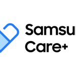 Rótulo de texto alternativo: Logotipo do Samsung Care+ com ícone de coração azul e texto preto, destacando serviços de proteção e suporte para dispositivos Samsung, na imagem limpa e moderna.
